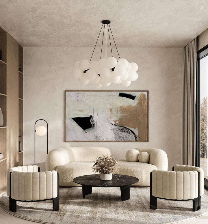 Motion By Dan Hobday Abstract Art Abstract Paintings in Dark Wood Plain Frame placed on a Cream Colored Wall near a Beige Sofa in the Living Room