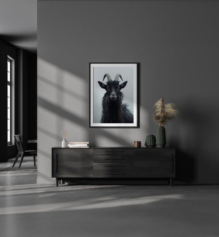 Mountain Goat By Treechild Wildlife Art Prints in Black Frame With Mount placed on a Dark Grey Colored Wall above a Console Table in the Drawing Room