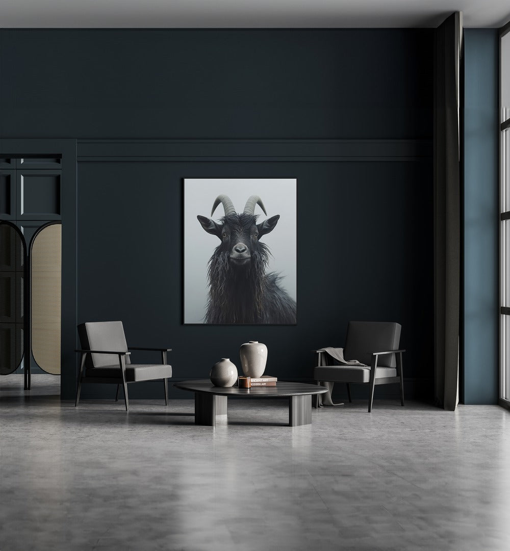 Mountain Goat By Treechild Wildlife Art Prints in Black Plain Frame placed on a Dark Grey Colored Wall in the Drawing Room