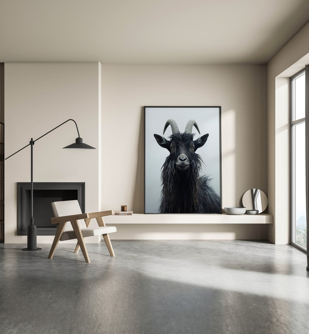 Mountain Goat By Treechild Wildlife Art Prints in Black Plain Frameplaced on a Shelf near a Cream Colored Wall in the Drawing Room