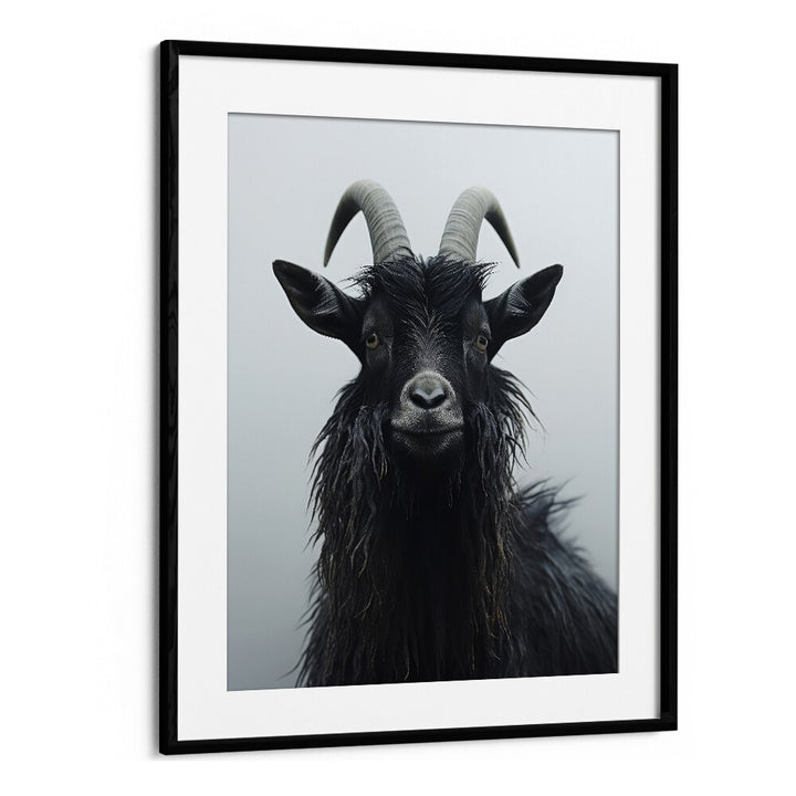 Mountain Goat by Treechild Wildlife Art Prints in Black Frame With Mount