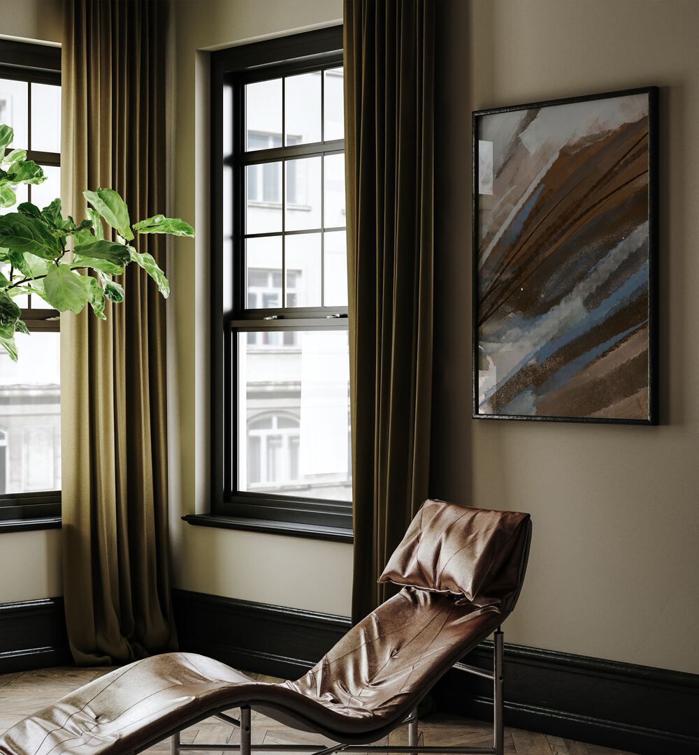 Mountain Muse by Nilesh Kulkarni Abstract Paintings Abstract Art Print in Black Plain Frame placed on a living room wall behind a chair and beside a window