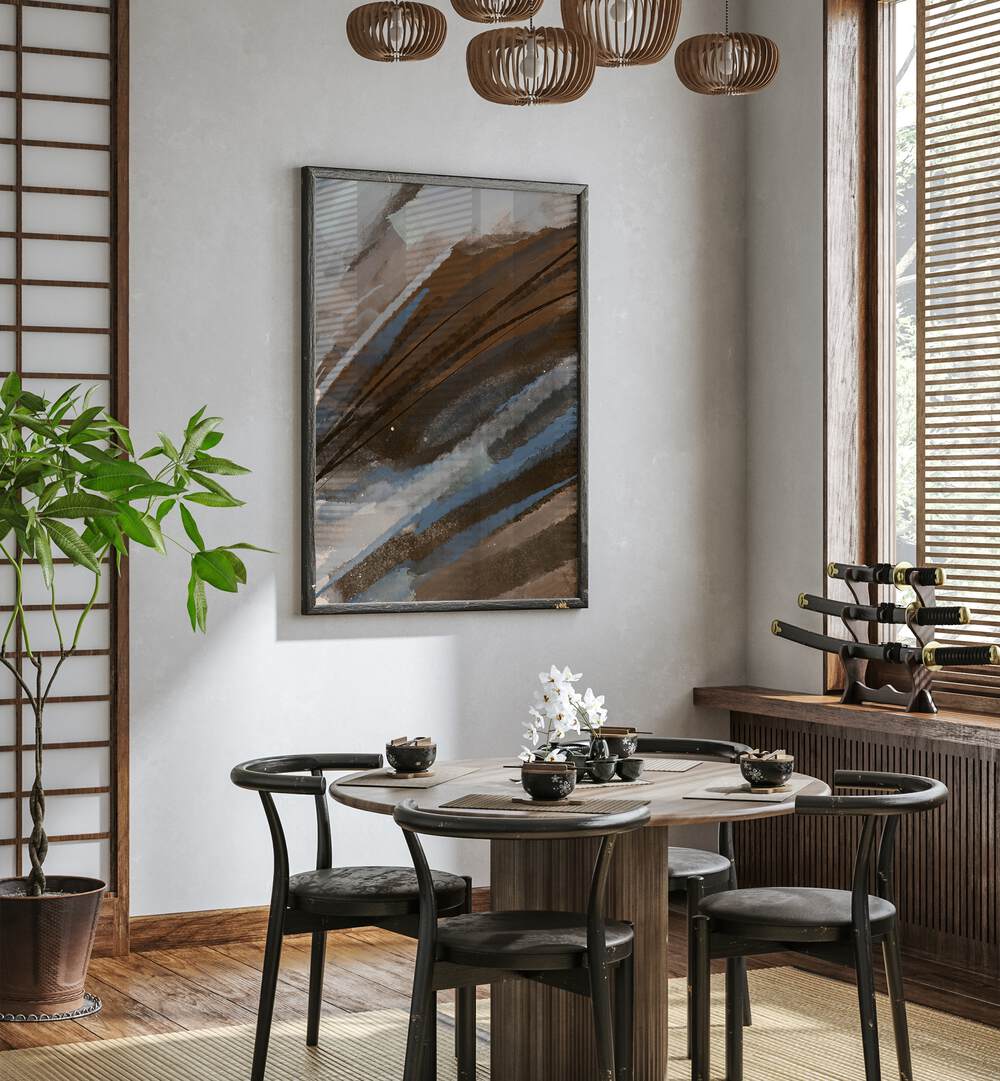 Mountain Muse by Nilesh Kulkarni Abstract Paintings Abstract Art Print in Black Plain Frame placed on a wall in a dining area behind a dining table and beside a window