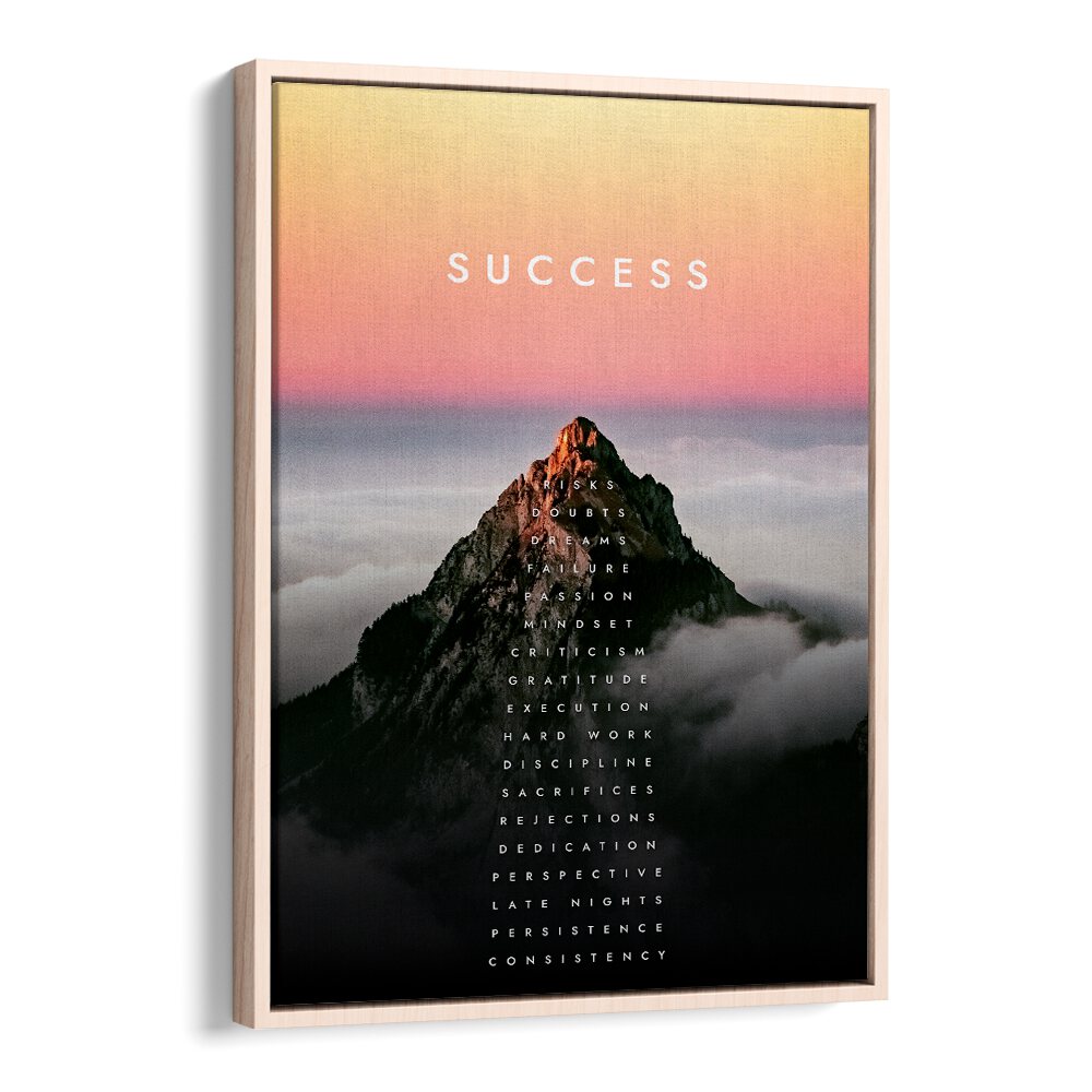 Mountain Of Success Quotes And Typography Posters in Oak Wood Floater Frame