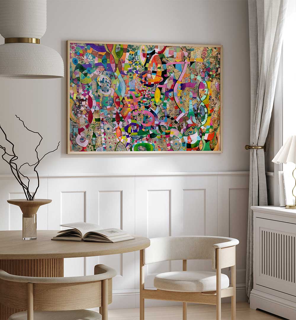 MOVING UP , ABSTRACT PAINTINGS layered colorful abstract canvas lifting a modern dining nook