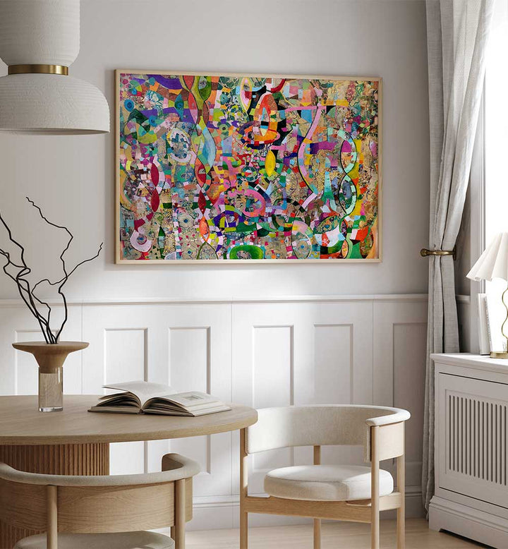 MOVING UP , ABSTRACT PAINTINGS layered colorful abstract canvas lifting a modern dining nook