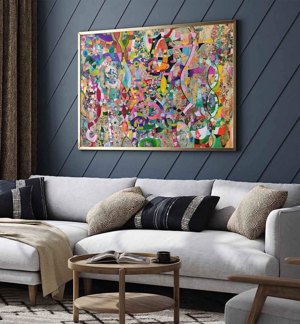 MOVING UP , ABSTRACT PAINTINGS vibrant layered color and textured strokes above sofa in modern living room