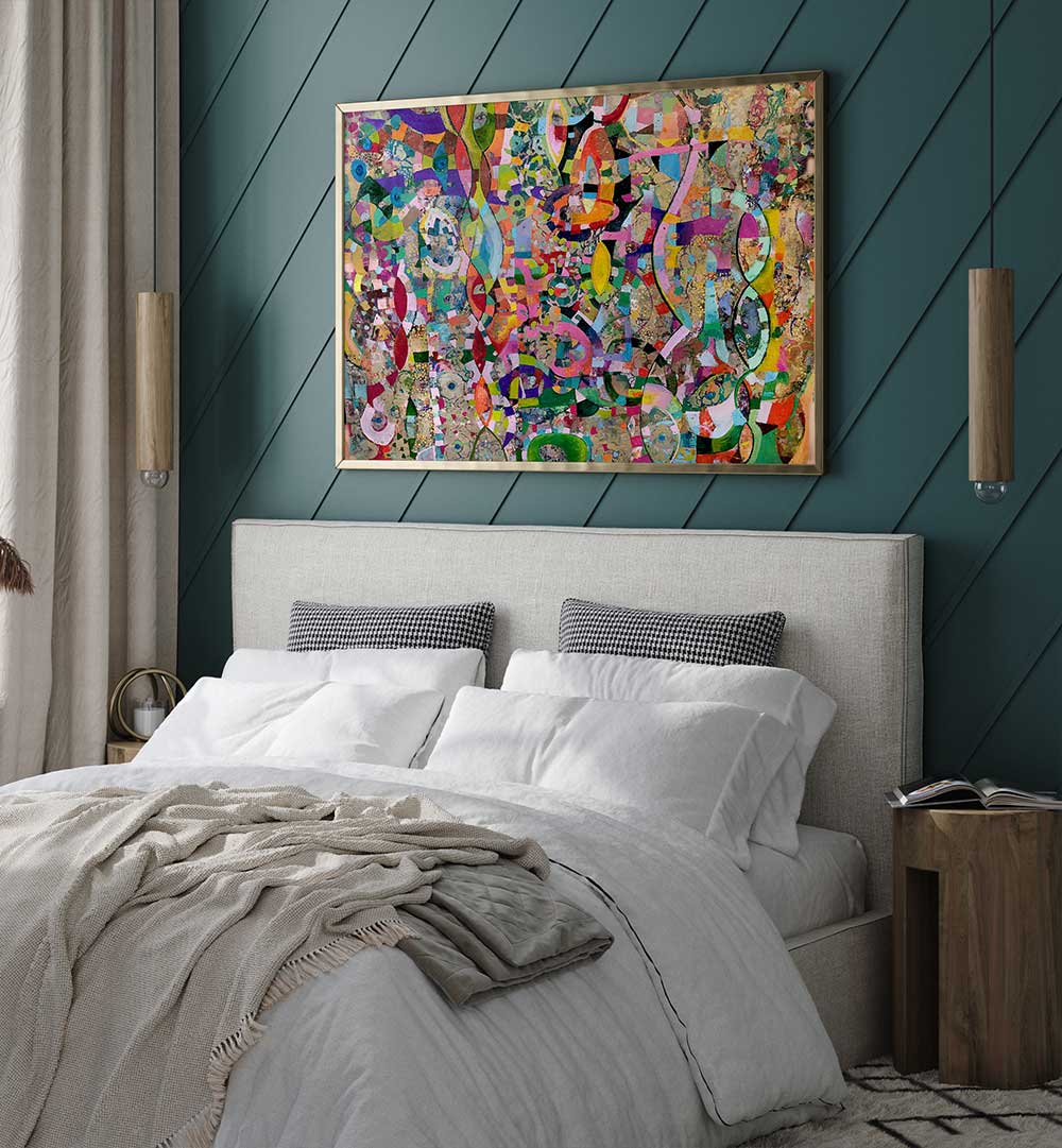 MOVING UP , ABSTRACT PAINTINGS vibrant layered abstract with gestural strokes and fluid gradients above bed in teal bedroom
