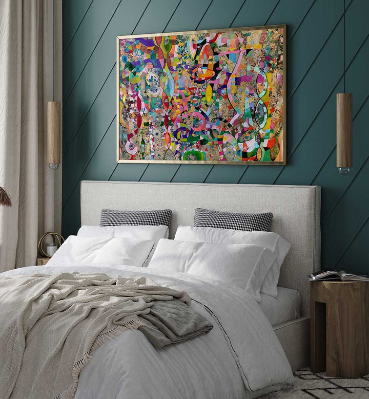 MOVING UP , ABSTRACT PAINTINGS vibrant layered abstract with gestural strokes and fluid gradients above bed in teal bedroom