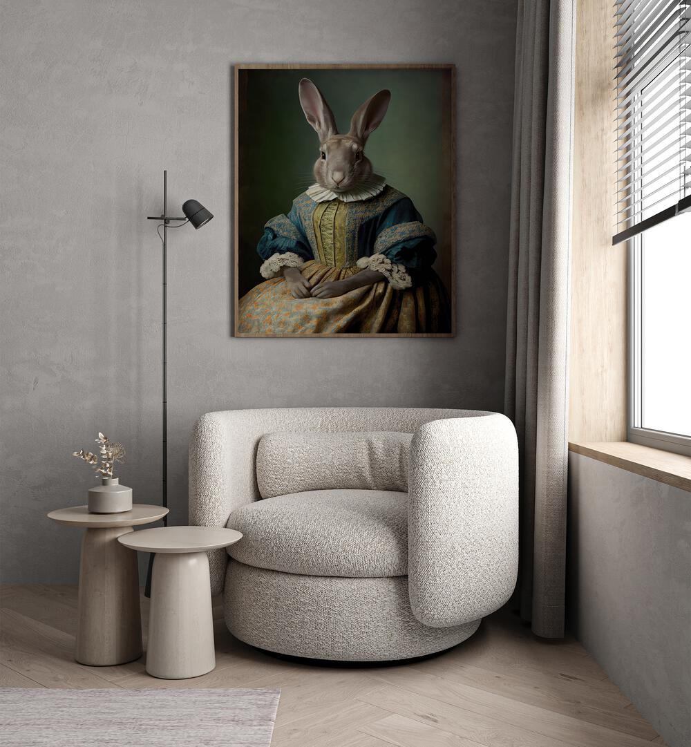 Mrs Bunny By Treechild Kids Art Prints in Oak Wood Plain Frame placed on a Grey Colored Wall in the Drawing Room