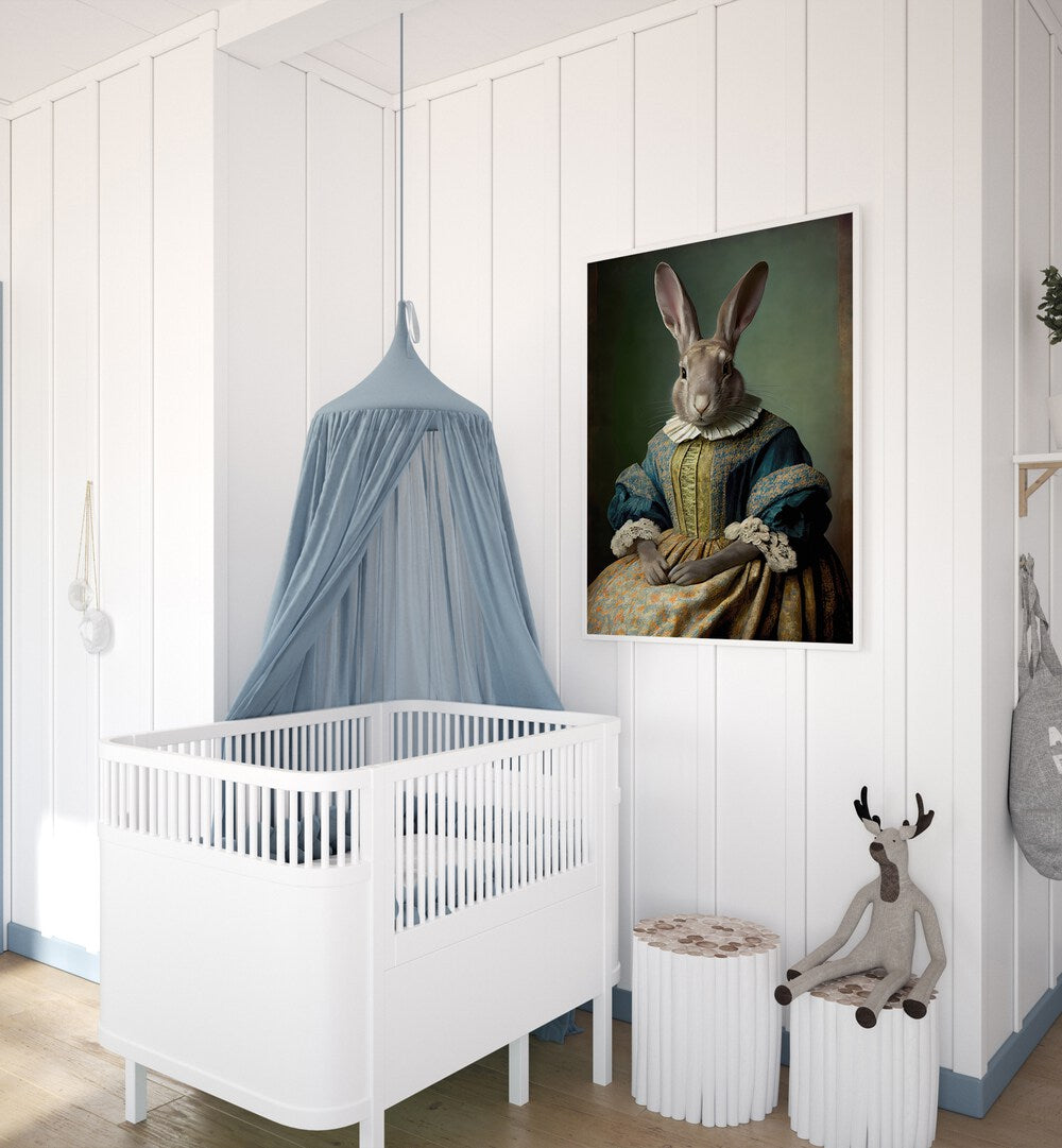 Mrs Bunny By Treechild Kids Art Prints in White Plain Frame placed on a White Colored Wall in the Kids Room