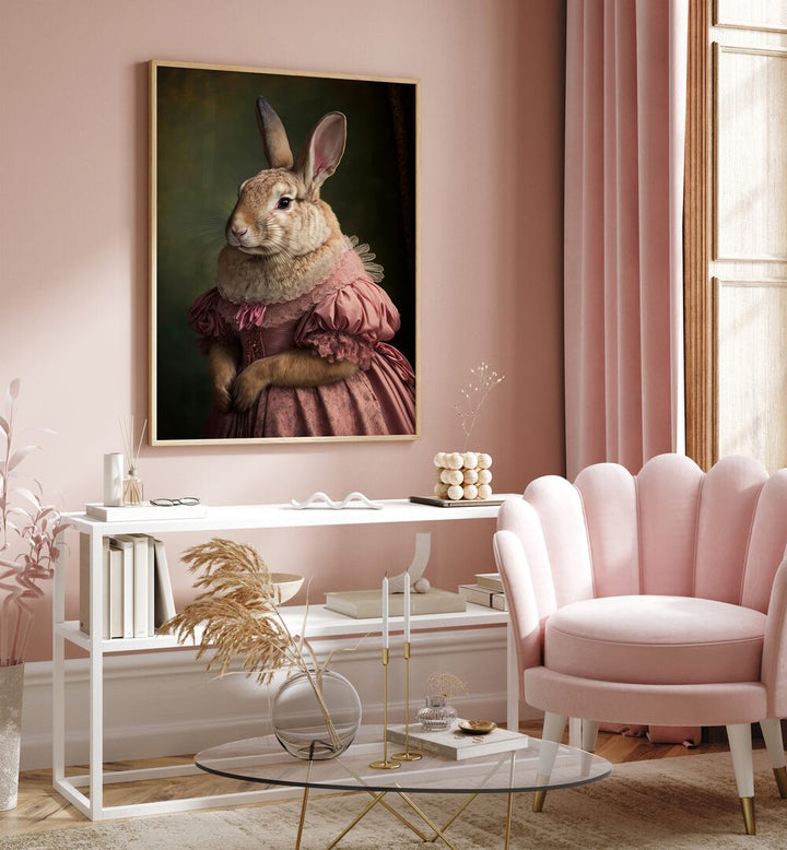 Mrs Bunnys Daughter By Treechild Wall Art Prints in Oak Wood Plain Frame placed on a Pink Colored Wall above a Console Table in the Drawing Room