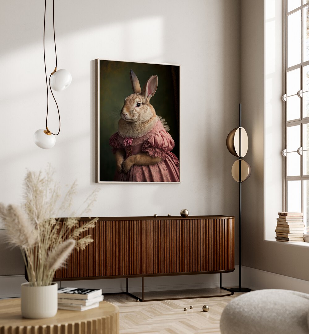 Mrs Bunnys Daughter By Treechild Wall Art Prints in Oak Wood Plain Frame placed on a Cream Colored Wall above a Console Table in the Drawing Room