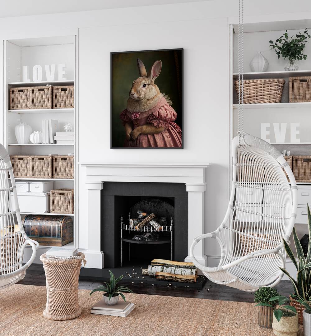 Mrs Bunnys Daughter By Treechild Wall Art Prints in Black Plain Frame placed on a White Colored Wall above a Fire place in the Living Room