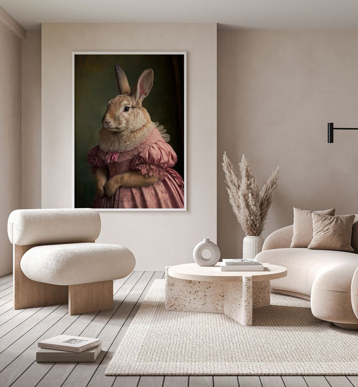 Mrs Bunnys Daughter By Treechild Wall Art Prints in White Plain Frame placed on a Beige Colored Wall in the Drawing Room