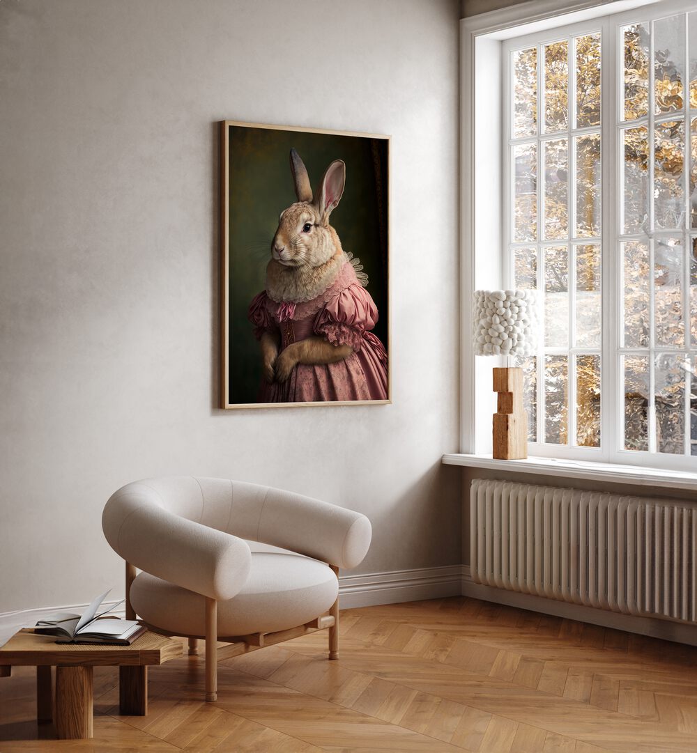 Mrs Bunnys Daughter By Treechild Wall Art Prints in Oak Wood Plain Frame placed on a Cream Colored Wall in the Drawing Room