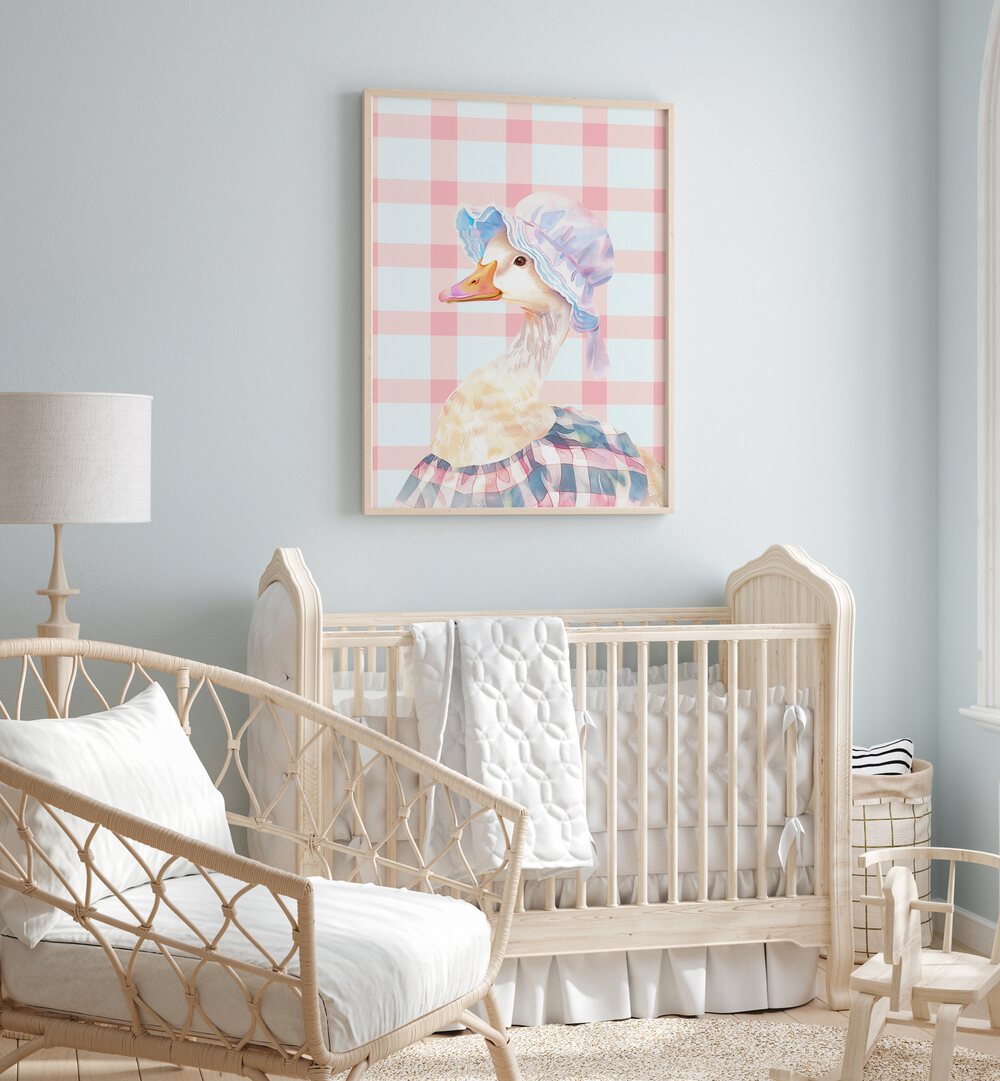 Mrs. Ping I Kids Room Paintings Kids Room Wall Art in Oak Wood Plain Frame placed on a wall in a kids room behind an infant's bed