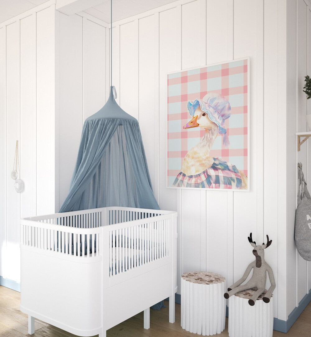 Mrs. Ping I Kids Room Paintings Kids Room Wall Art in White Plain Frame placed on a wall in a kids room beside an infant's bed