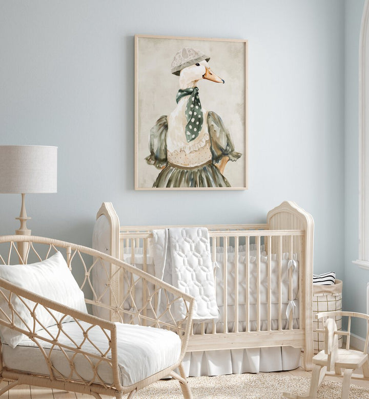 Mrs. Ping ii Kids Room Paintings Kids Room Wall Art in Oak Wood Plain Frame placed on a wall in a kids room behind an infant's bed