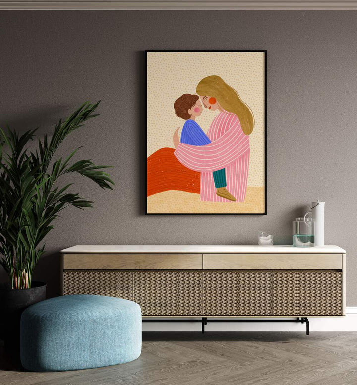 Mum Love By Bea Muller Women Illustration Paintings in Black Plain Frame on a wall above a console table beside a plant