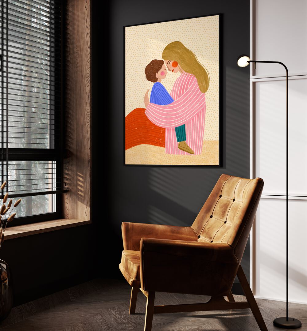 Mum Love By Bea Muller Women Illustration Paintings in Black Plain Frame on a wall beside an orange sofa