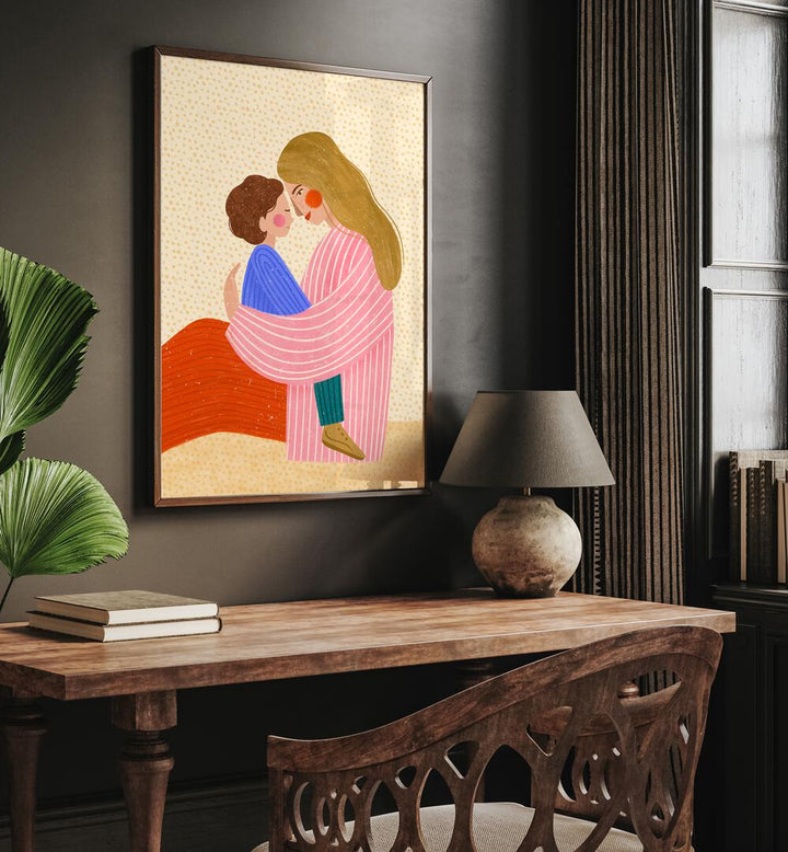 Mum Love By Bea Muller Women Illustration Paintings in Dark Wood Plain Frame on a wall above a study table beside a plant