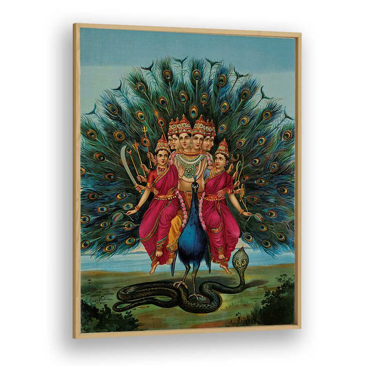 Murugan By Raja Ravi Varma Indian Paintings in Oak Wood Plain Frame