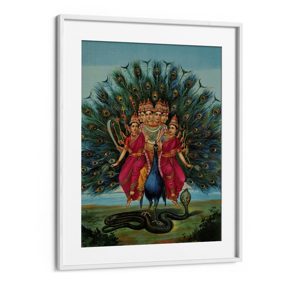 Murugan By Raja Ravi Varma Indian Paintings in White Frame With Mount