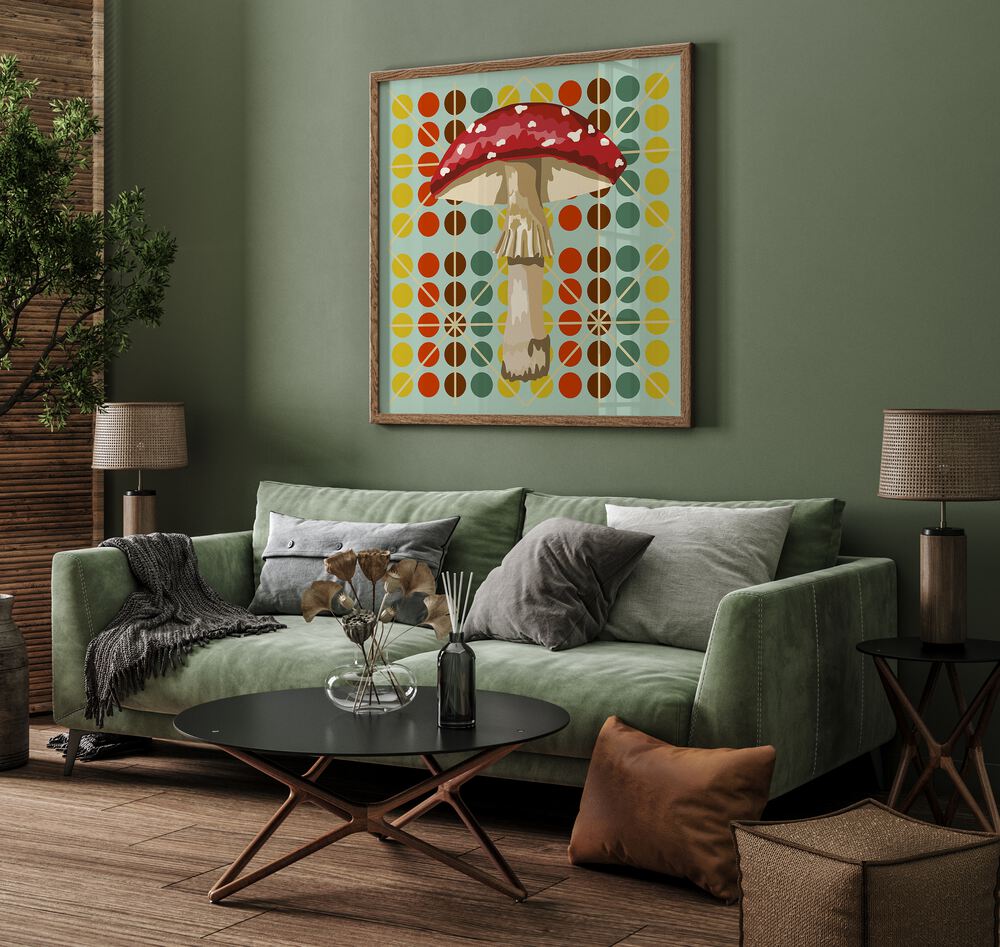 Mushroom By Lynnda Rakos Pop Art Paintings Pop Art Prints in Oak Wood Plain Frame placed on a wall behind a sofa