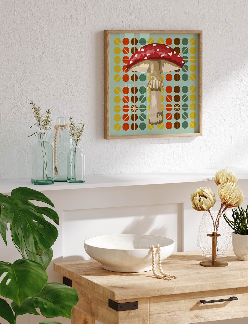 Mushroom By Lynnda Rakos Pop Art Paintings Pop Art Prints in Oak Wood Plain Frame placed on a wall behind a table