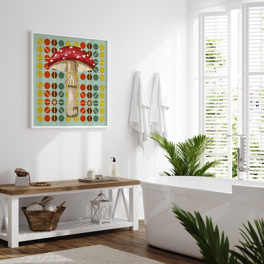 Mushroom By Lynnda Rakos Pop Art Paintings Pop Art Prints in White Plain Frame placed on a bathroom wall beside a bathtub