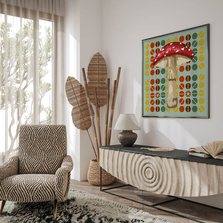 Mushroom By Lynnda Rakos Pop Art Paintings Pop Art Prints in Black Plain Frame placed on a wall behind a console table