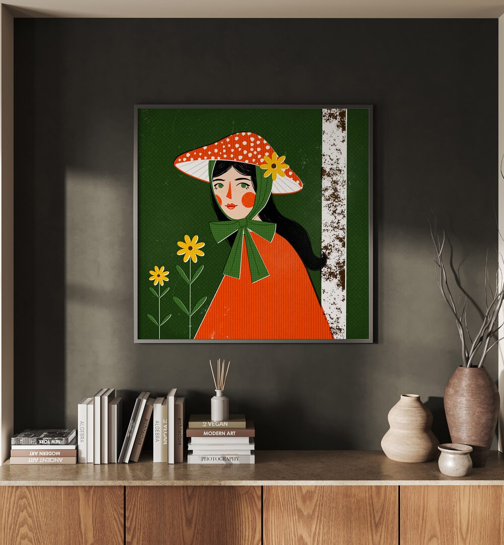 Mushroom Girl By Julia Leister Women Illustration Paintings in Black Plain Frame on a wall behind  placed behind a console