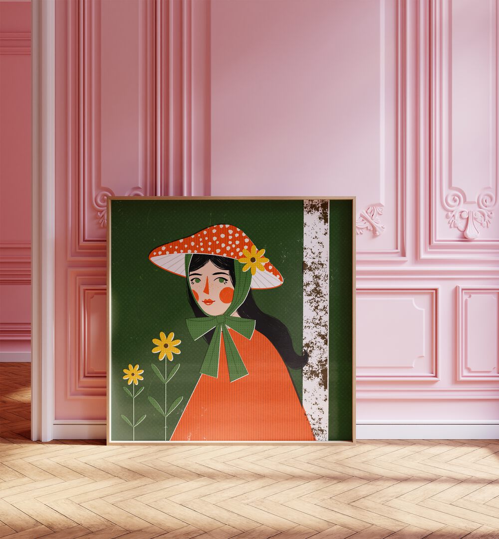 Mushroom Girl By Julia Leister Women Illustration Paintings in Oak Wood Plain Frame placed on a wooden floor beside a window