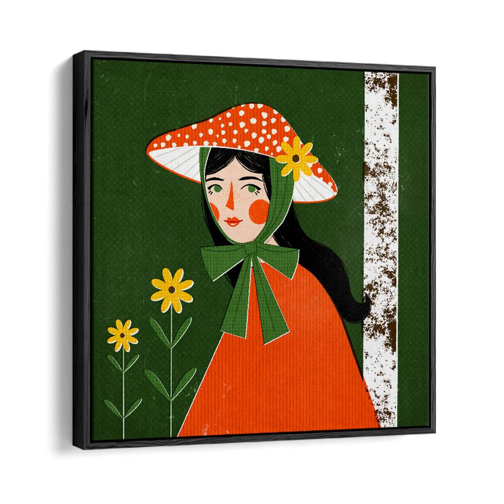 Mushroom Girl By Julia Leister Women Illustration Paintings in Black Floater Frame