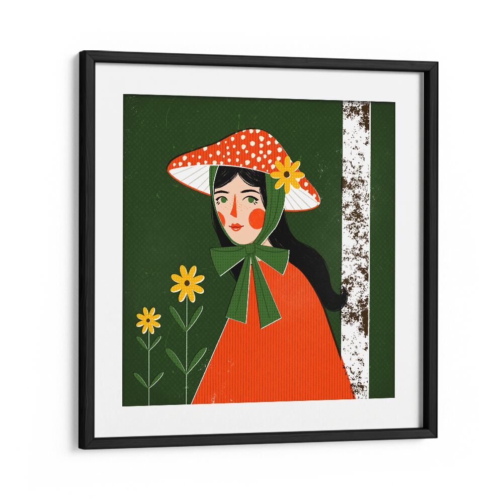 Mushroom Girl By Julia Leister Women Illustration Paintings in Black Frame With Mount