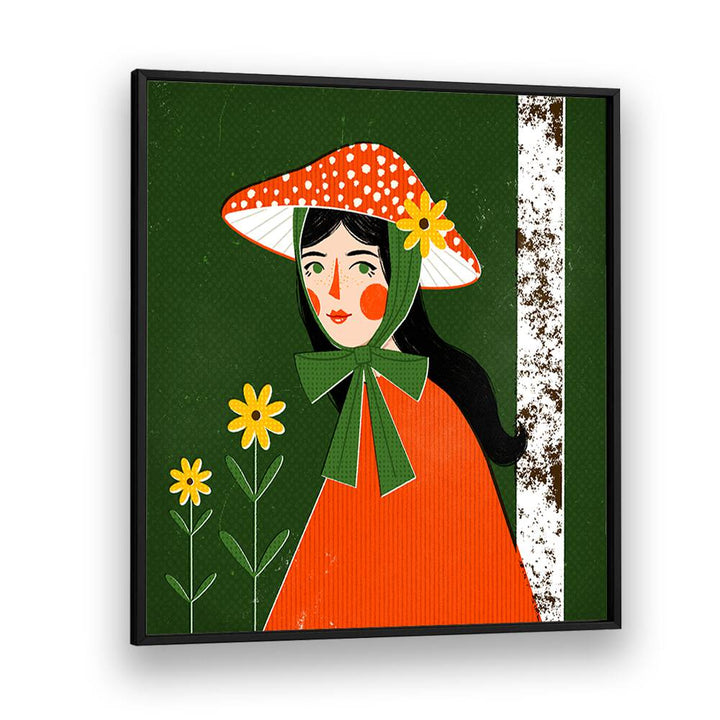 Mushroom Girl By Julia Leister Women Illustration Paintings in Black Plain Frame