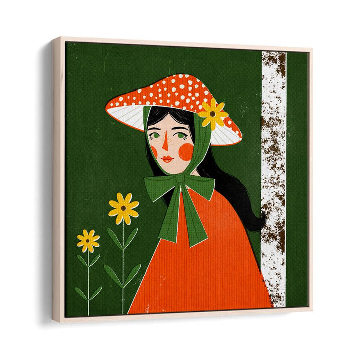 Mushroom Girl By Julia Leister Women Illustration Paintings in Oak Wood Floater Frame