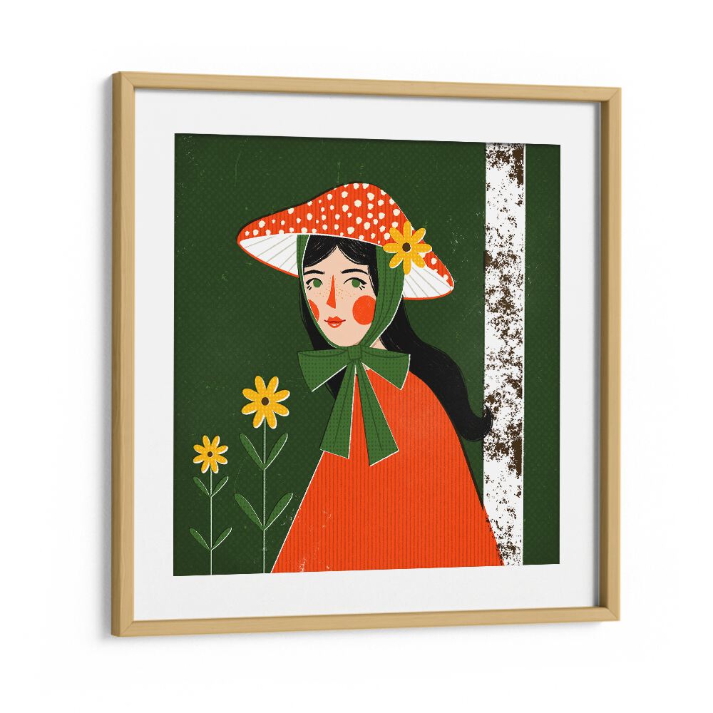 Mushroom Girl By Julia Leister Women Illustration Paintings in Oak Wood Frame With Mount