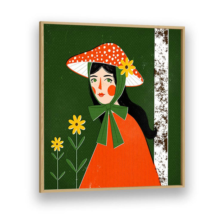 Mushroom Girl By Julia Leister Women Illustration Paintings in Oak Wood Plain Frame