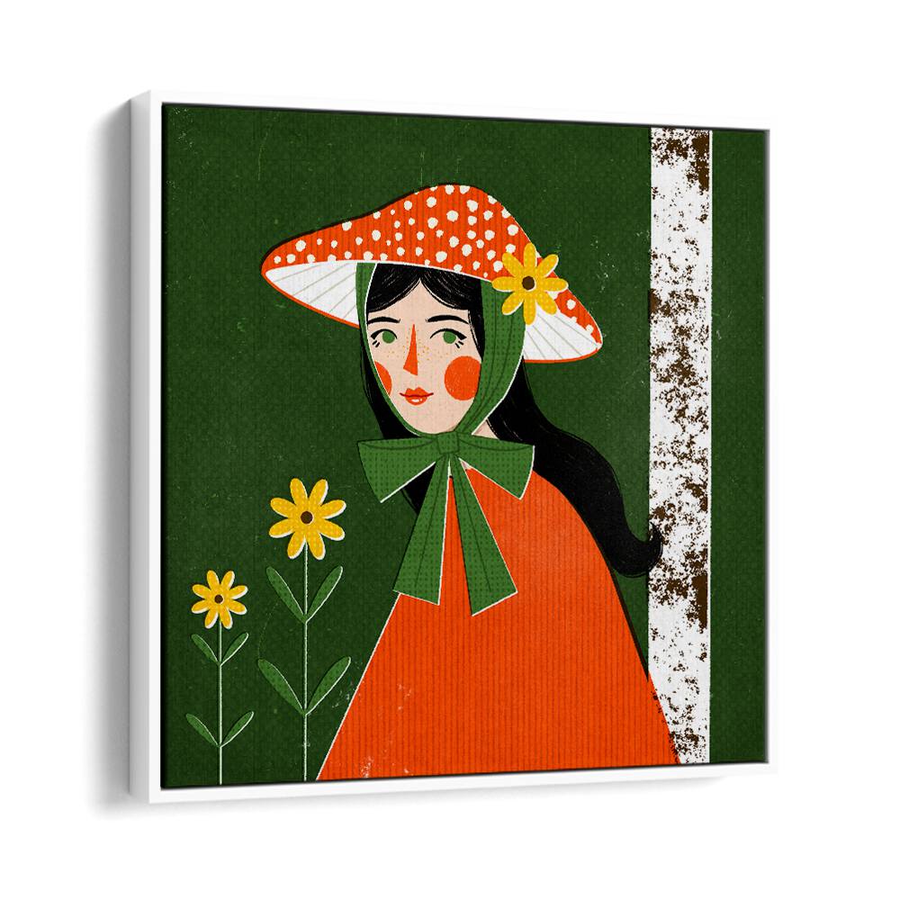 Mushroom Girl By Julia Leister Women Illustration Paintings in White Floater Frame