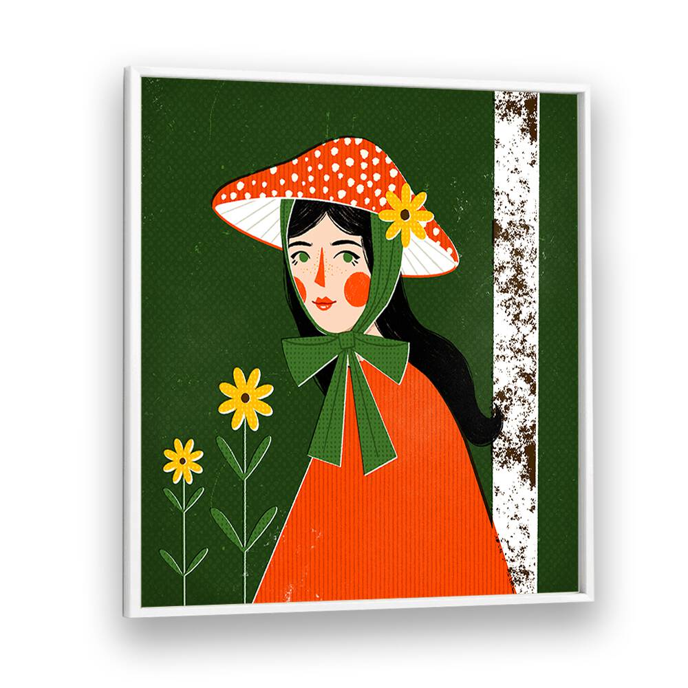 Mushroom Girl By Julia Leister Women Illustration Paintings in White Plain Frame