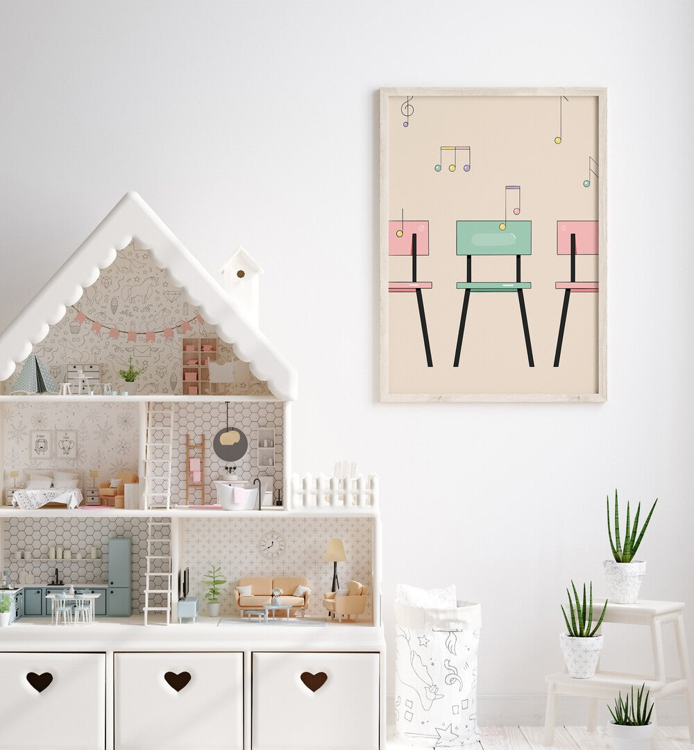 Musical Chairs By Samridhi Sharma Gaming Posters in Oak Wood Plain Frame placed on a White Colored Wall in the Kids Room