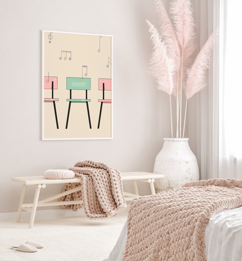 Musical Chairs By Samridhi Sharma Gaming Posters in White Plain Frame placed on a Cream Colored Wall in the Bedroom