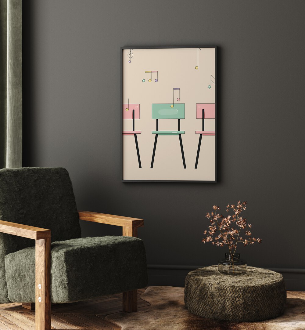 Musical Chairs By Samridhi Sharma Gaming Posters in Black Plain Frame placed on a Dark Grey Colored Wall in the Drawing Room