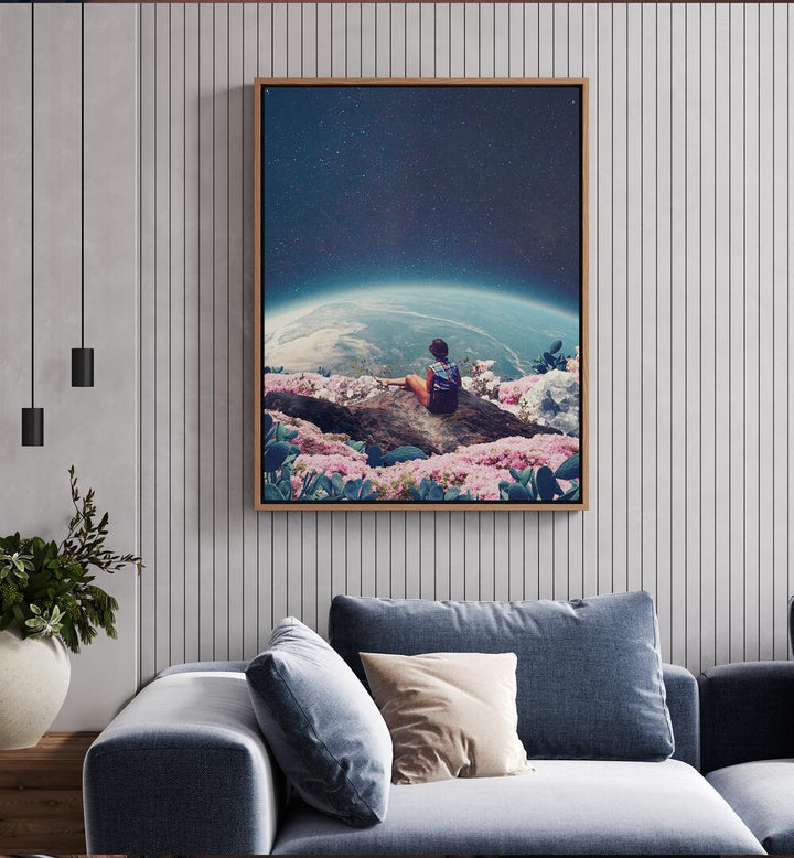 My World Blossomed When I Loved You By Frank Moth Surreal Art Prints Surrealism in Oak Wood Floater Frame placed on a wall behind a blue sofa