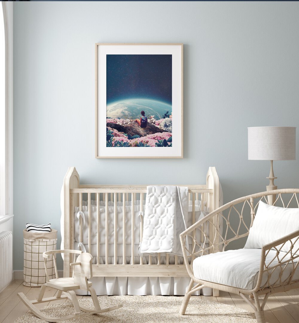 My World Blossomed When I Loved You By Frank Moth Surreal Art Prints Surrealism in White Frame With Mount placed on the wall behind an infant bed