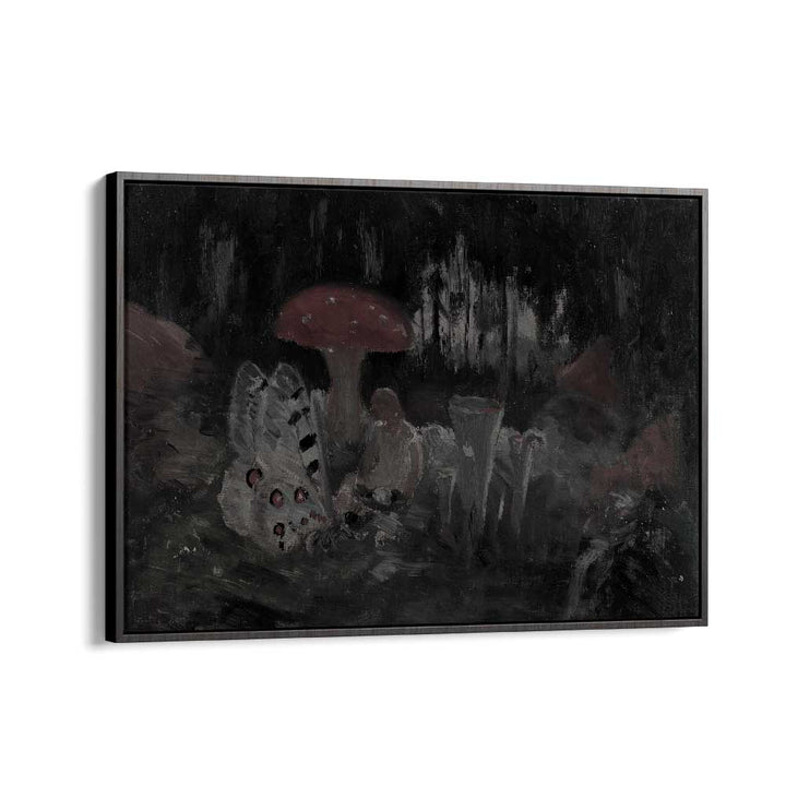 Mysteries In The Moss Whispering Mushrooms At Dawn Gothic Art Prints in Black Floater Frame