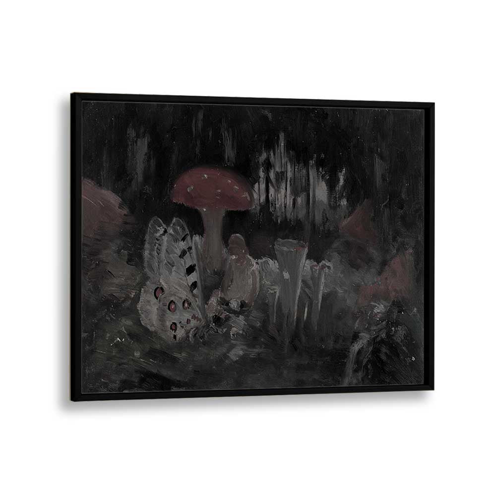 Mysteries In The Moss Whispering Mushrooms At Dawn Gothic Art Prints in Black Plain Frame