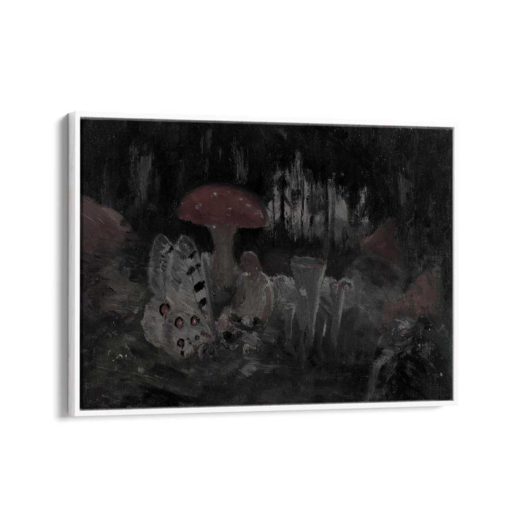 Mysteries In The Moss Whispering Mushrooms At Dawn Gothic Art Prints in White Floater Frame